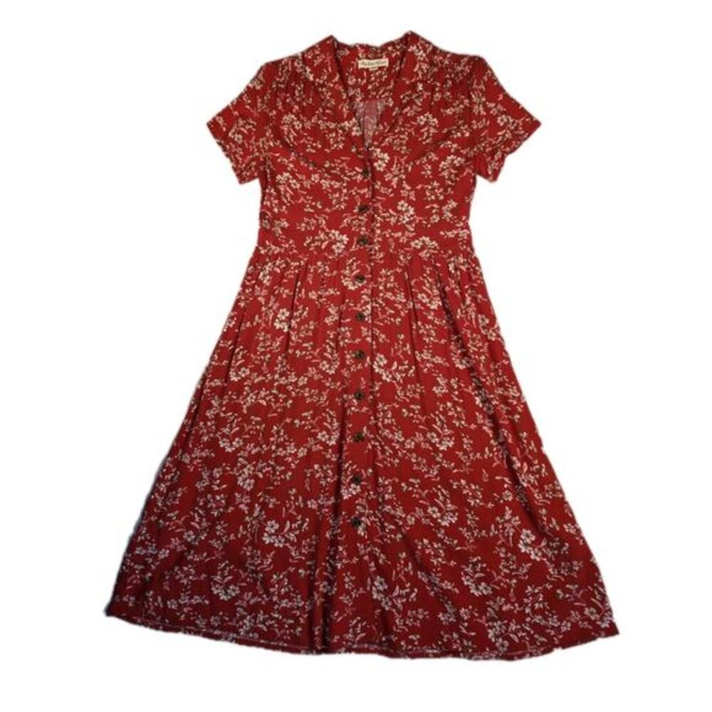 Indigo Rose Women's Medium Dress Red White Floral V Neck Collared Prairie Style